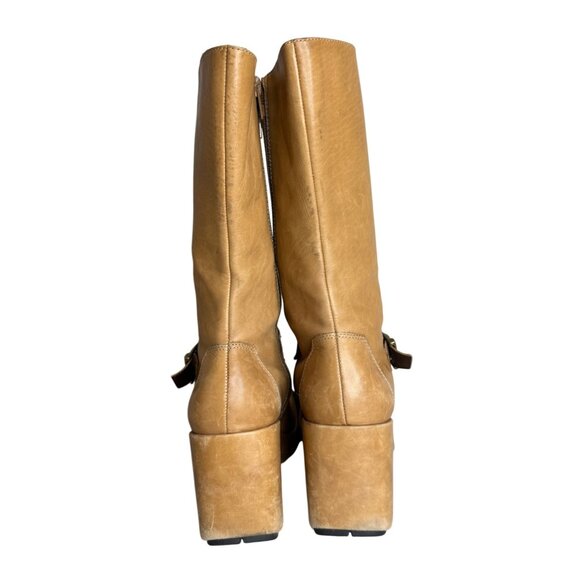 Vintage Y2K Tan Wedge Leather Mid-Calf Boots 6.5Side Zipper & Rubber Sole - Picture 4 of 9